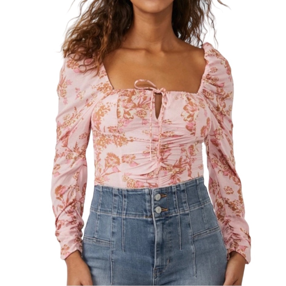$98 Free People Hilary Printed Top Size Small Pink Combo Smocked Back Blouse
